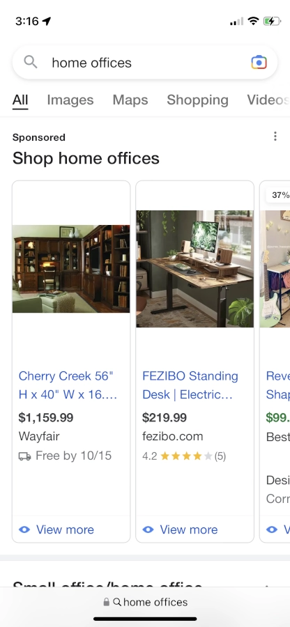 Screenshot of "home offices" Google results on mobile
