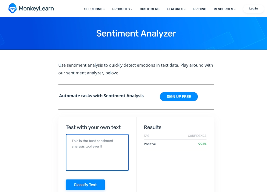 Screenshot of MonkeyLearn's Sentiment Analyzer