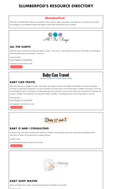 Screenshot of Slumberpod's resource directory