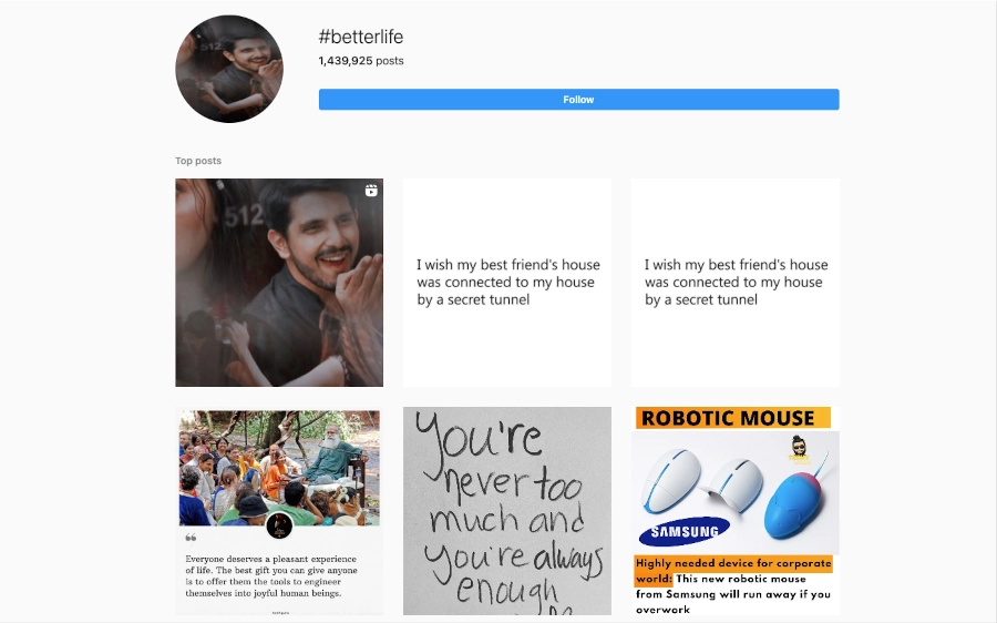 Screenshot of hashtag search for #betterlife