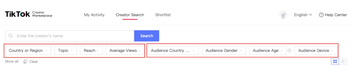 Snip of TikTok Creator Marketplace search function