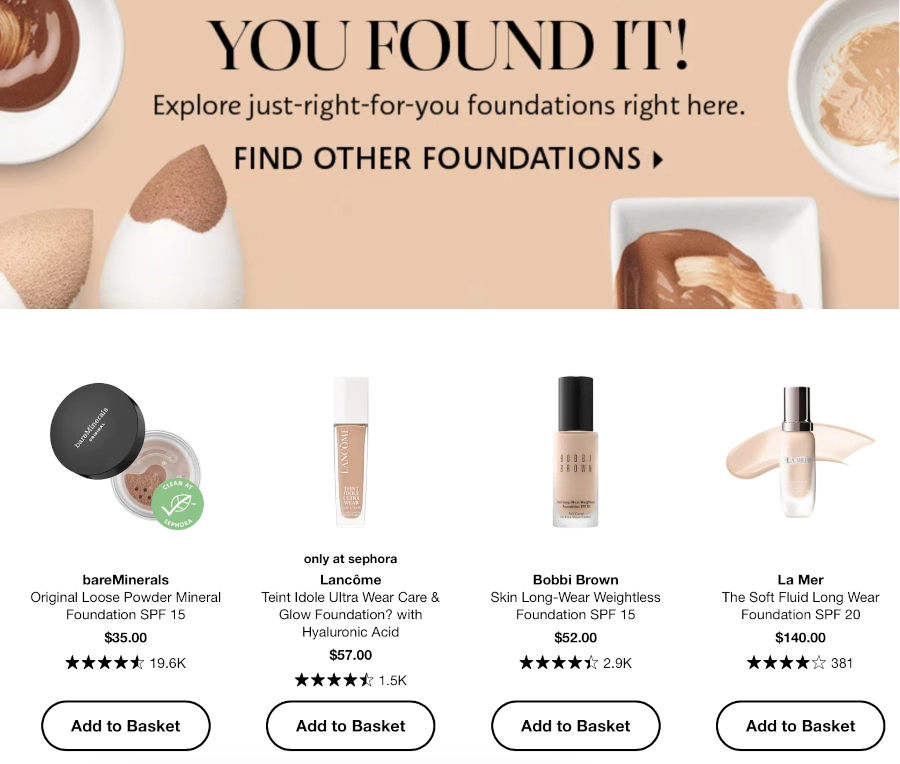 Foundation Finder results with products