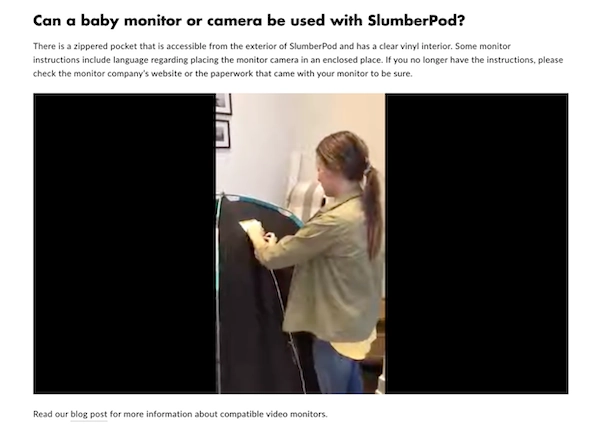 Screenshot of FAQ answer with an embedded video demonstrating influencer-generated content
