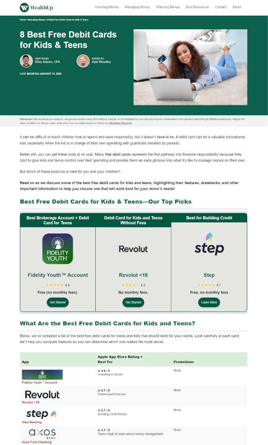 Screenshot of info from WealthUp about teen credit cards