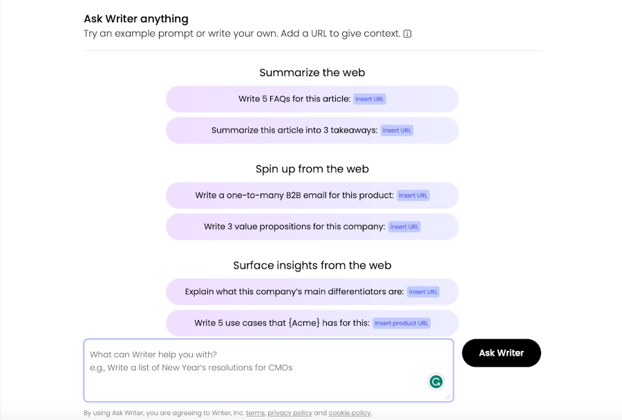 Screenshot of Writer content generator