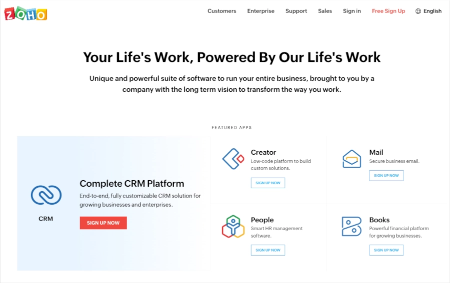 Screenshot of Zoho homepage